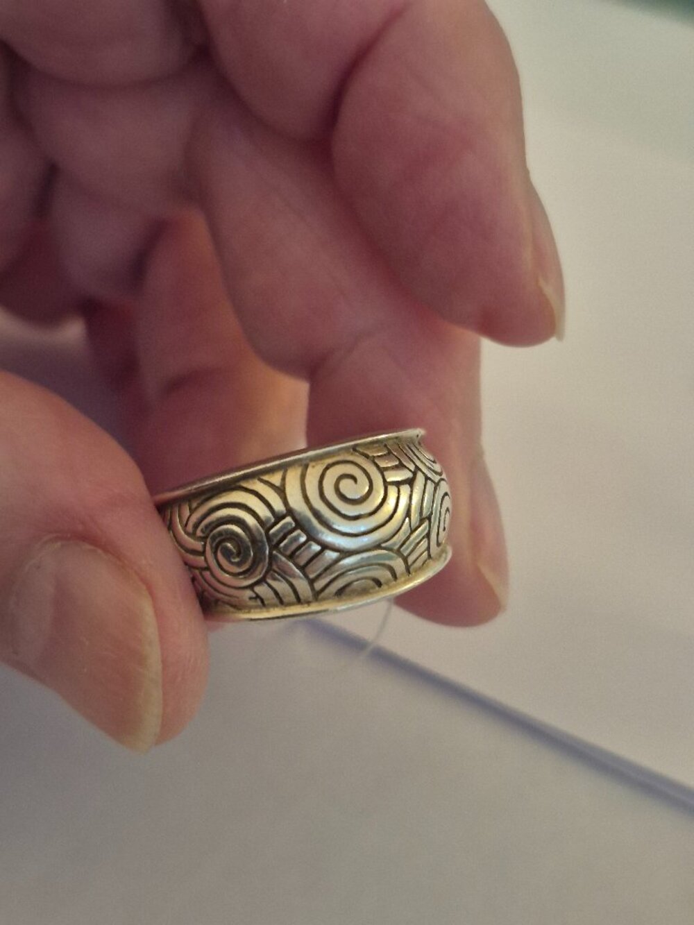 Vintage 925 Sterling Silver Wide Band Ring - Artisan Signed Spiral Wave Size 8.5